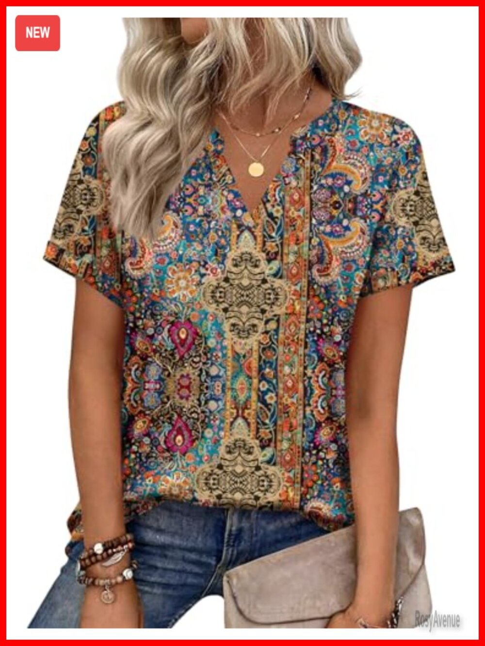 Women's Short Sleeve V-Neck Boho Blouse 95% Polyester 5% Spandex